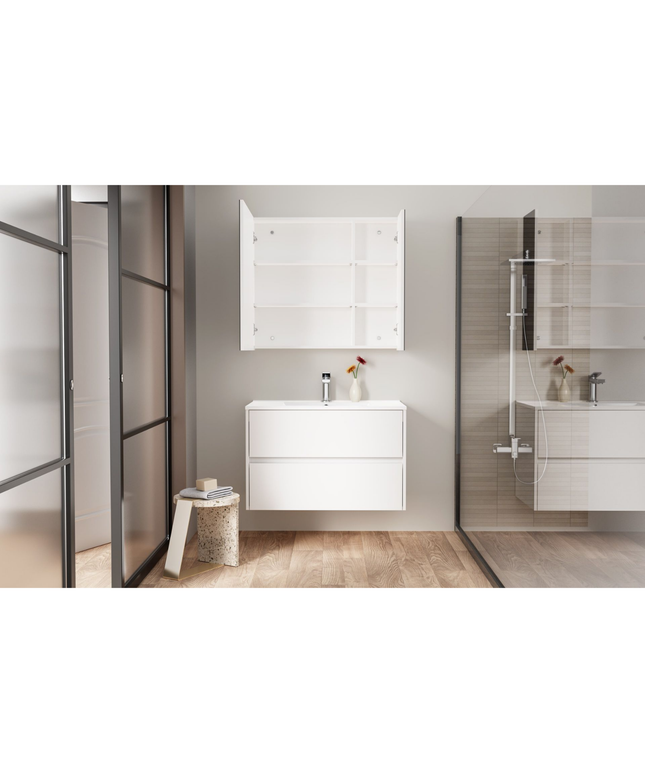 HAYAT spiegelkast – 2 asymmetrische enkelzijdige spiegeldeuren – 80x70x15 cm – Glanzend wit