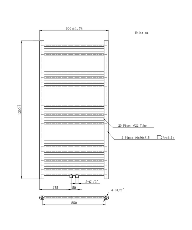 Belrad Bathroom Radiator 1800x500mm - Chrome - Middle connection - 575W