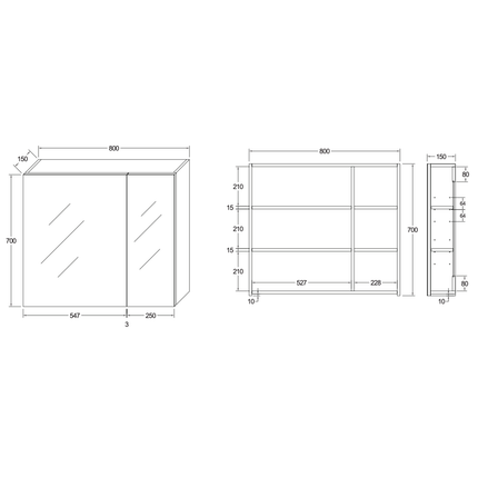 HAYAT spiegelkast – 2 asymmetrische enkelzijdige spiegeldeuren – 80x70x15 cm – Glanzend wit