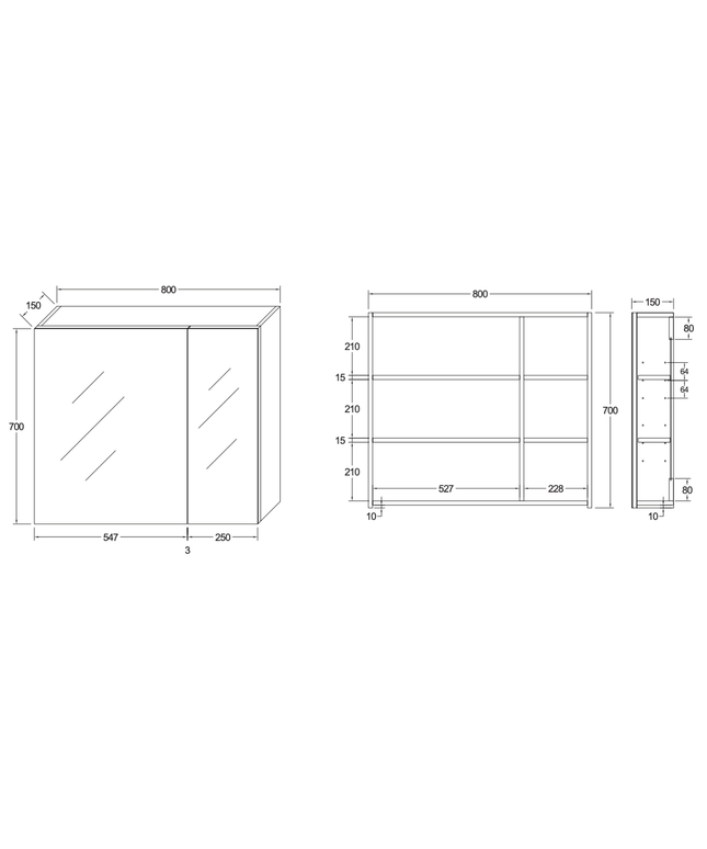 HAYAT spiegelkast – 2 asymmetrische enkelzijdige spiegeldeuren – 80x70x15 cm – Glanzend wit