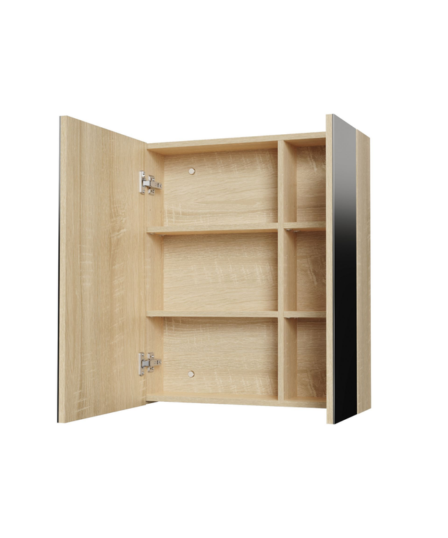 HAYAT spiegelkast – 2 asymmetrische enkelzijdige spiegeldeuren – 60x70x15 cm – Eik