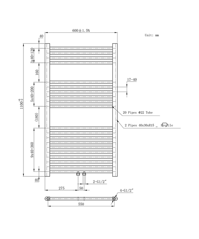 Belrad Bathroom Radiator 1800x500mm - Chrome - Middle connection - 575W