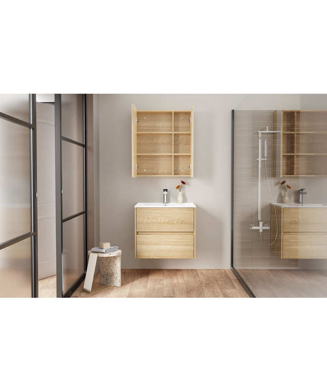 HAYAT spiegelkast – 2 asymmetrische enkelzijdige spiegeldeuren – 60x70x15 cm – Eik