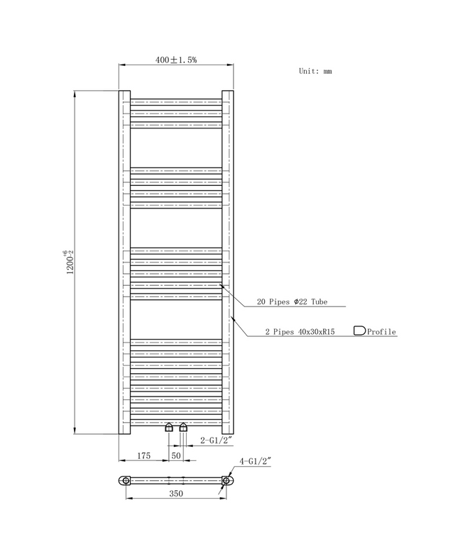 Belrad Bathroom Radiator 1800x500mm - Chrome - Middle connection - 575W
