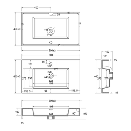 ALONI Wastafel – 80x10x46 cm – Kunstmarmer – Glanzend Wit