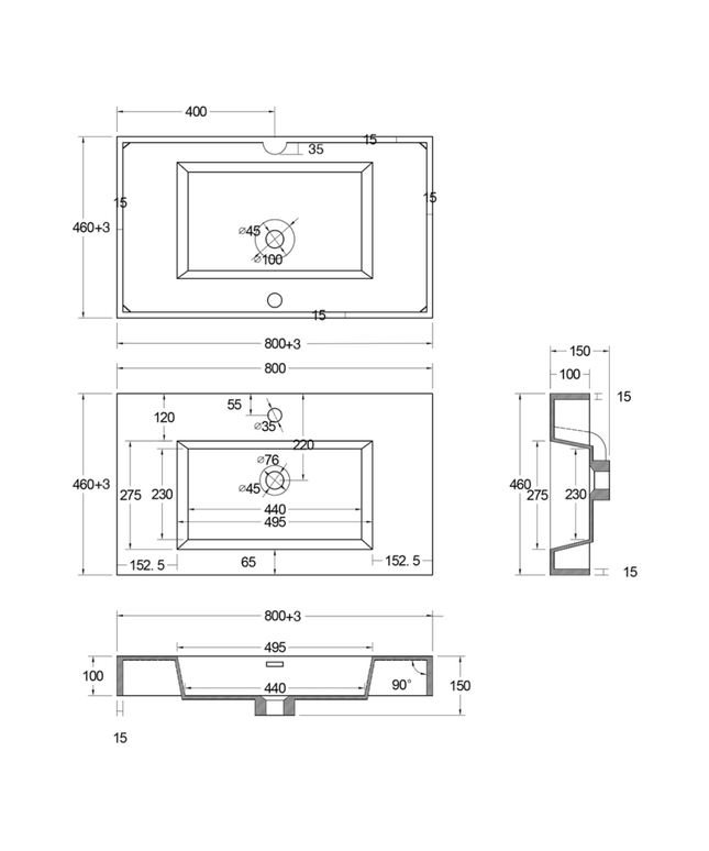ALONI Wastafel – 80x10x46 cm – Kunstmarmer – Glanzend Wit