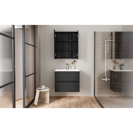 HAYAT spiegelkast – 2 asymmetrische enkelzijdige spiegeldeuren – 60x70x15 cm – Mat zwart