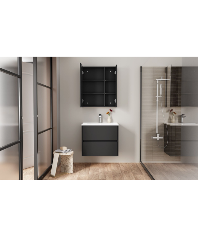 HAYAT spiegelkast – 2 asymmetrische enkelzijdige spiegeldeuren – 60x70x15 cm – Mat zwart