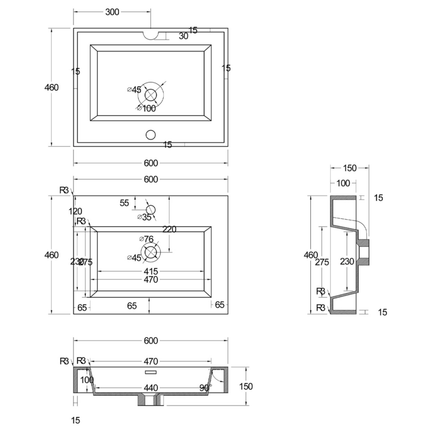 ALONI Wastafel – 60x10x46 cm – Kunstmarmer – Glanzend Wit