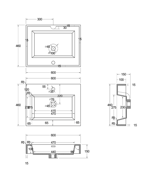 ALONI Wastafel – 60x10x46 cm – Kunstmarmer – Glanzend Wit
