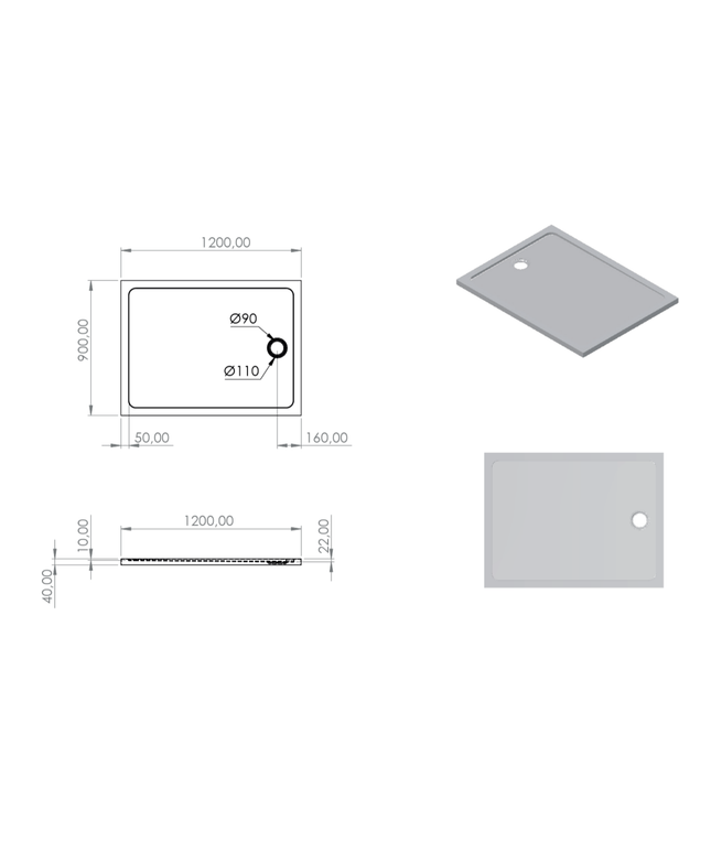 Bandeja de ducha acrílica rectangular de Aloni - 120x90x4 cm