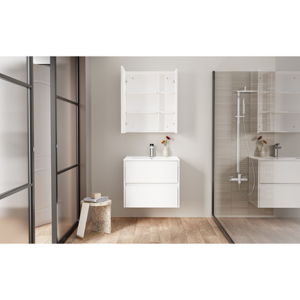 HAYAT spiegelkast – 2 asymmetrische enkelzijdige spiegeldeuren – 60x70x15 cm – Glanzend wit