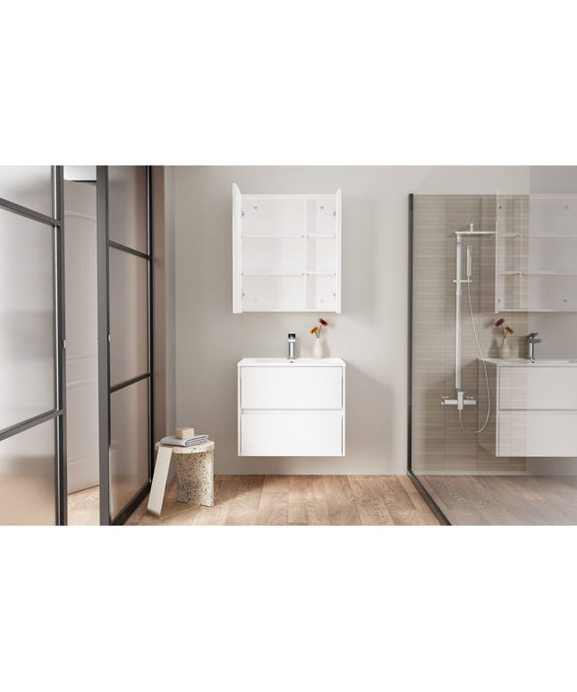 HAYAT spiegelkast – 2 asymmetrische enkelzijdige spiegeldeuren – 60x70x15 cm – Glanzend wit