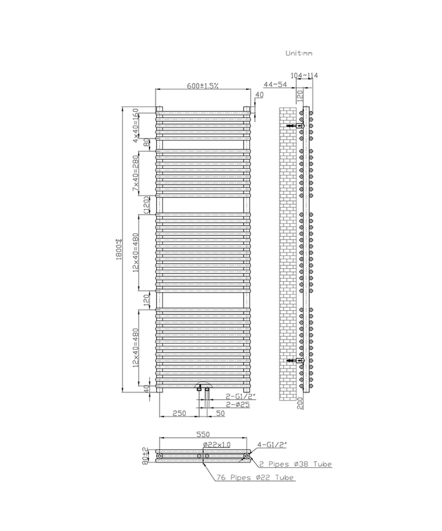 Belrad Bathroom Radiator 1800x500mm - Chrome - Middle connection - 575W