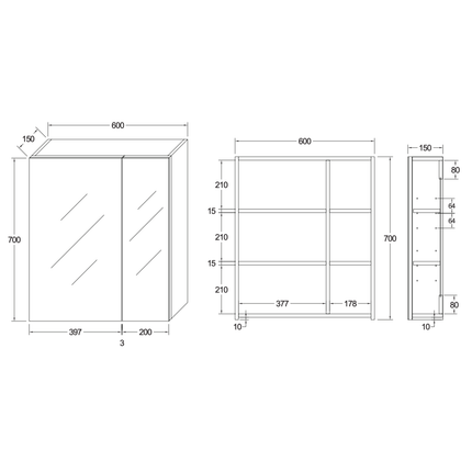 HAYAT spiegelkast – 2 asymmetrische enkelzijdige spiegeldeuren – 60x70x15 cm – Glanzend wit