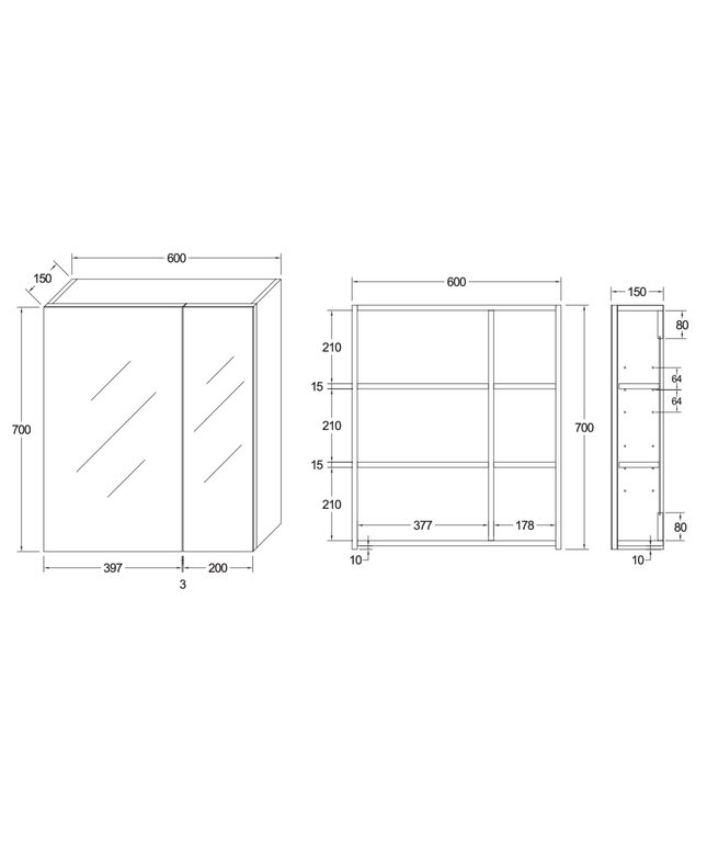 HAYAT spiegelkast – 2 asymmetrische enkelzijdige spiegeldeuren – 60x70x15 cm – Glanzend wit