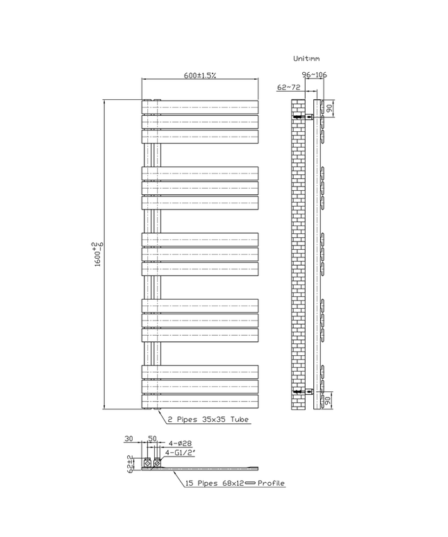 Belrad Bathroom Radiator 1800x500mm - Chrome - Middle connection - 575W