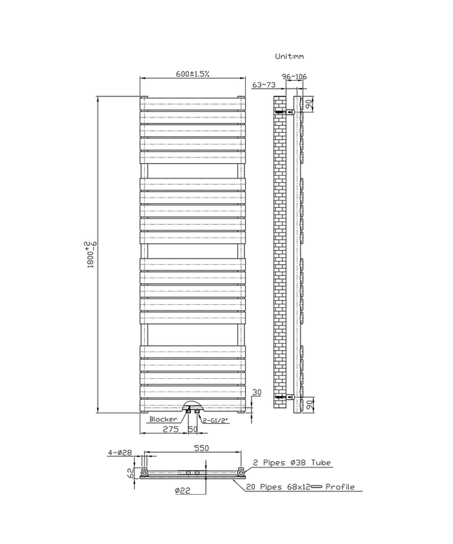 BELRAD Badkamer Radiator 1800x600mm Wit – Middenaansluiting – 1081W
