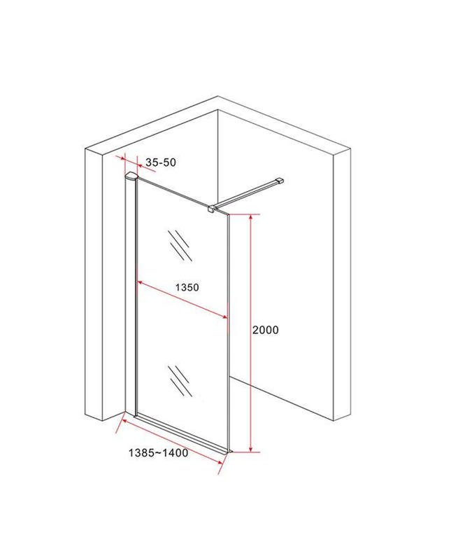 ALONI douchewand champagneglas met koper profiel – 140x200 cm – 8 mm veiligheidsglas
