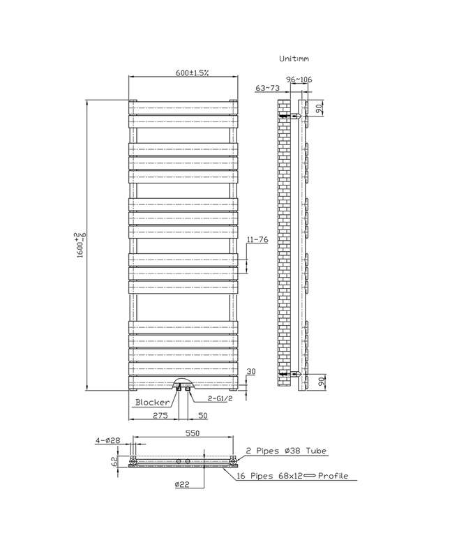 BELRAD Badkamer Radiator 1600x600mm Wit – Middenaansluiting – 908W