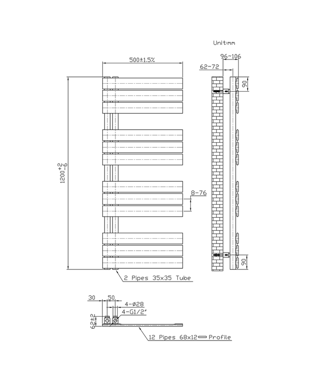 Belrad Bathroom Radiator 1800x500mm - Chrome - Middle connection - 575W