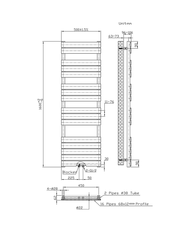 BELRAD Badkamer Radiator 1600x500mm Wit – Middenaansluiting – 791W