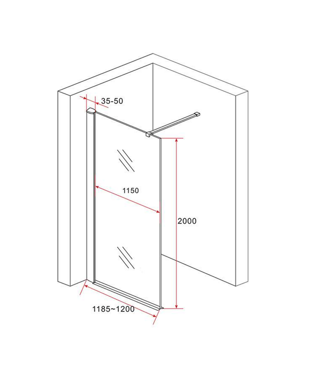 ALONI douchewand champagneglas met koperen profiel – 120x200 cm – 8 mm veiligheidsglas