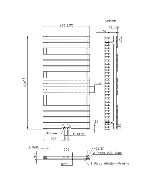 BELRAD Badkamer Radiator 1200x600mm Wit – Middenaansluiting – 681W