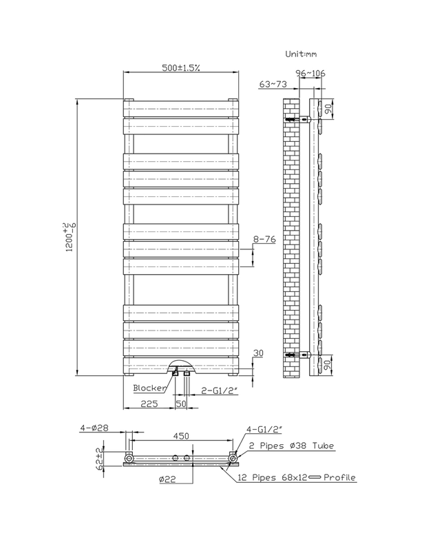 Belrad Bathroom Radiator 1800x500mm - Chrome - Middle connection - 575W