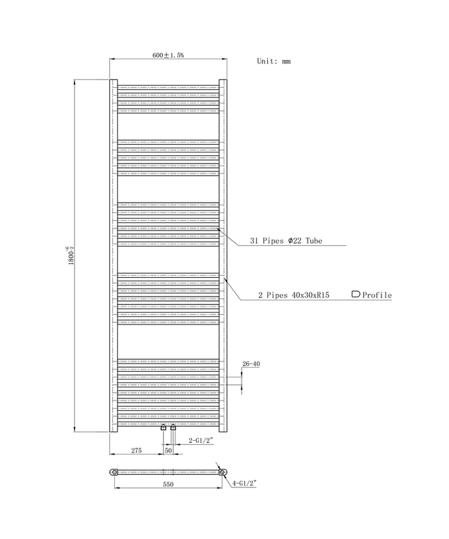BELRAD Badkamer Radiator 1800x600mm Wit – Middenaansluiting – 944W