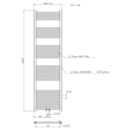 Radiador de baño de Belrad 1800x500mm - Chrome - Conexión central - 575W