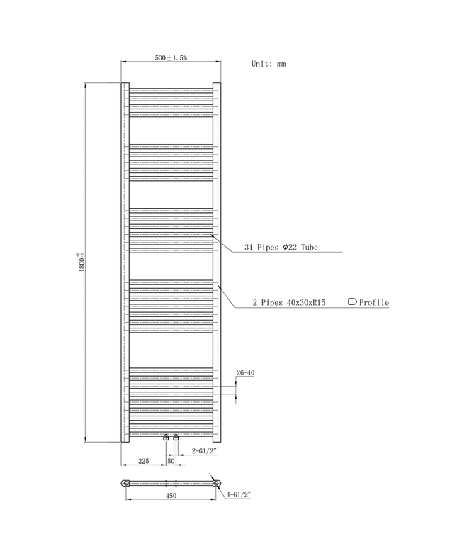 Belrad Bathroom Radiator 1800x500mm - Chrome - Middle connection - 575W