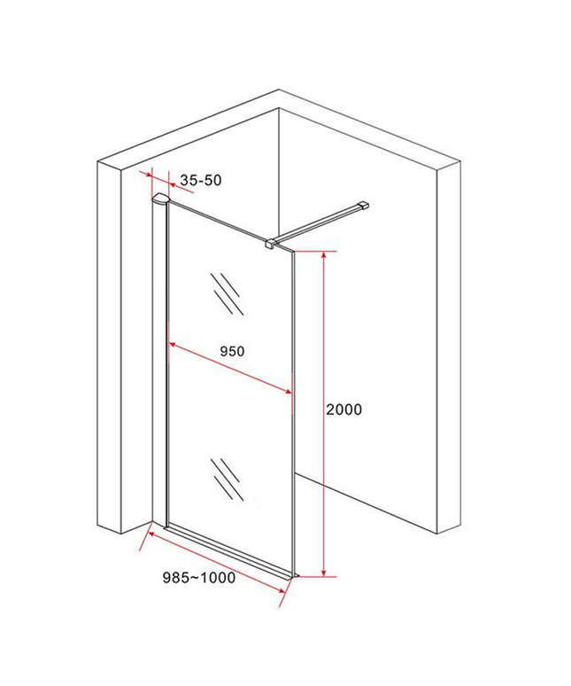 ALONI douchewand champagneglas met koperen profiel – 100x200 cm – 8 mm veiligheidsglas