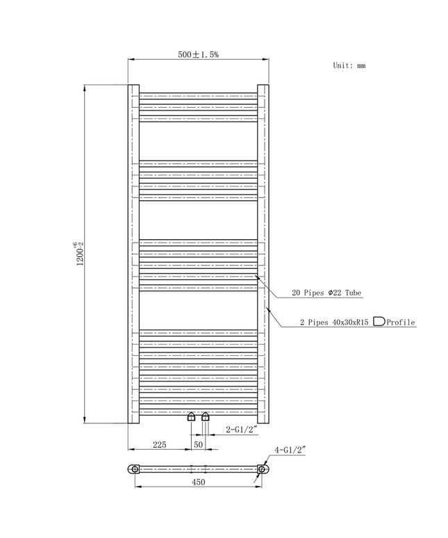 Belrad Bathroom Radiator 1800x500mm - Chrome - Middle connection - 575W