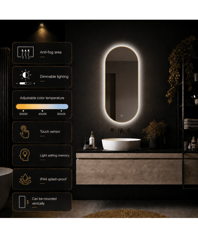 Loxa Aurelia Ovale LED Spiegel 40 x 80 cm - Gouden Lijst - afbeelding 8