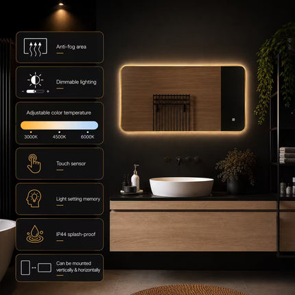 Loxa Marbella LED Spiegel 100 x 60 cm - Rechthoek, Gouden Lijst - afbeelding 8