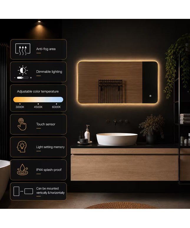 Loxa Marbella LED Spiegel 100 x 60 cm - Rechthoek, Gouden Lijst - afbeelding 8