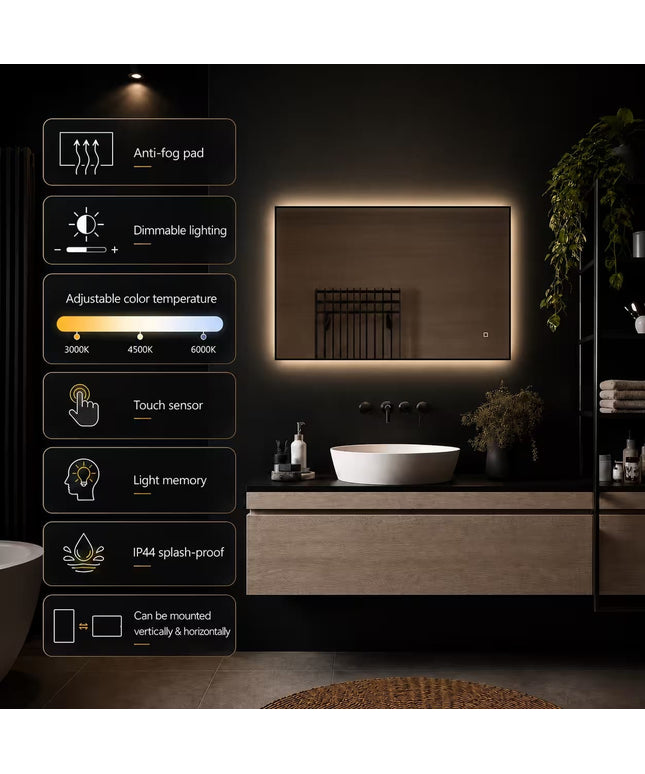 Loxa Sorento LED Spiegel 100 x 60 cm - Rechthoek, Zwarte Lijst