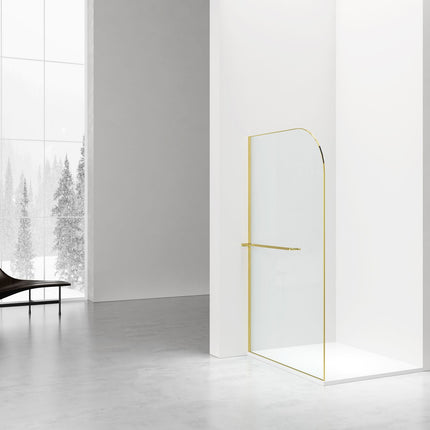 Aloni CURVY Walk-in shower com porta-toalha - Curvo - Vidro de segurança 8 mm - 120x200 cm - Ouro escovado - Anti-calcário - Vidro transparente