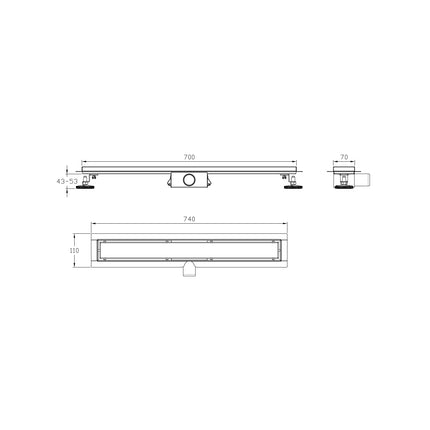 DutchLine - Douchegoot met flens en tegelrooster - RVS - 700x70mm