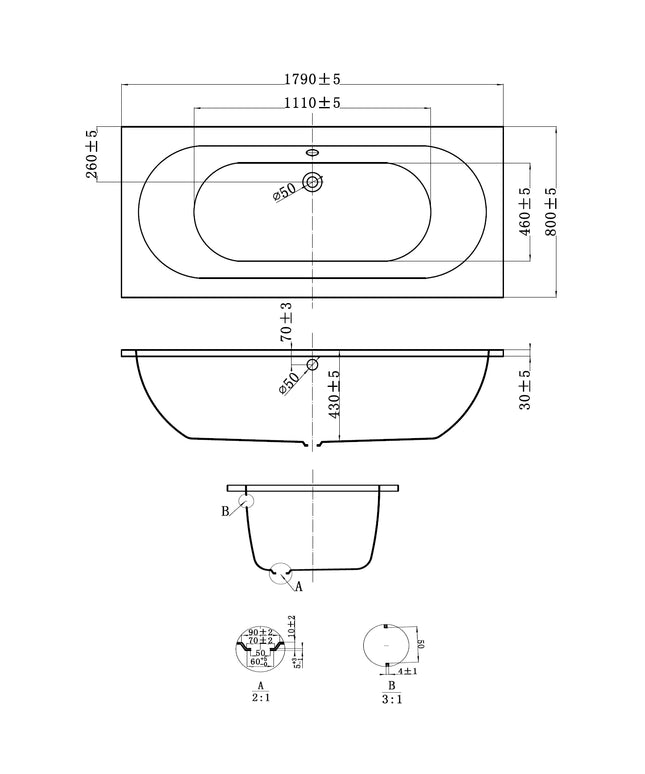 DutchLine - Drop RD - Inbouw Bad - Glans Wit - 1800x800x450