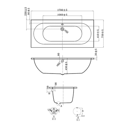 DutchLine - Drop RD - Inbouw Bad - Mat Wit - 1700x750x450
