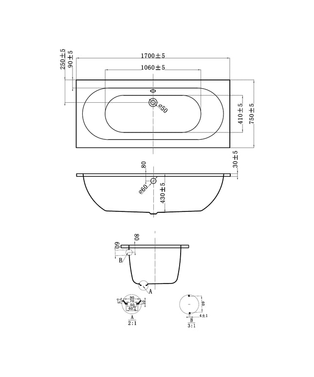 DutchLine - Drop RD – Inbouw Bad – Glans Wit – 1700x750x450