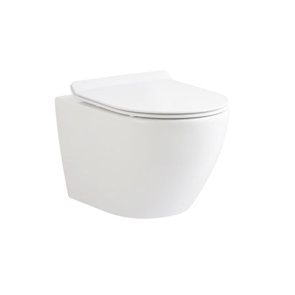 Inodoro suspendido ALONI ECO – sin borde – compacto 49 cm – asiento termoplástico – cierre suave – cierre rápido – blanco brillo