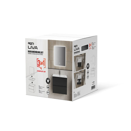 ALONI LIVA bathroom furniture set complete – 60 cm – matt black – with sink and LED mirror – soft close