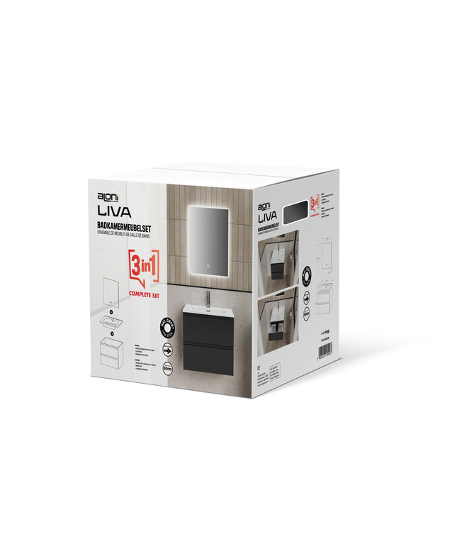 ALONI LIVA bathroom furniture set complete – 60 cm – matt black – with sink and LED mirror – soft close