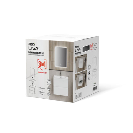 ALONI LIVA bathroom furniture set complete – 60 cm – glossy white – with sink and LED mirror – soft close