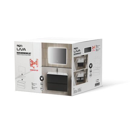 ALONI LIVA bathroom furniture set complete – 60 cm – matt black – with sink and LED mirror – soft close