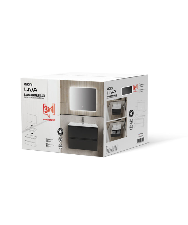 ALONI LIVA bathroom furniture set complete – 60 cm – matt black – with sink and LED mirror – soft close