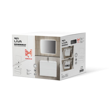 ALONI LIVA bathroom furniture set complete – 60 cm – glossy white – with sink and LED mirror – soft close